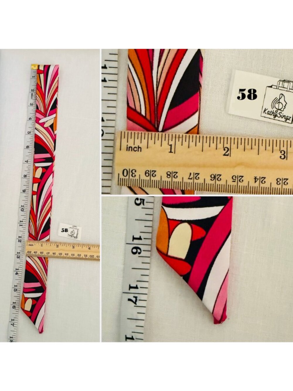 Slim Scarf Pink Black Abstract 34in Silk Satin Neck Hair Bag Ribbon - Picture 7 of 14